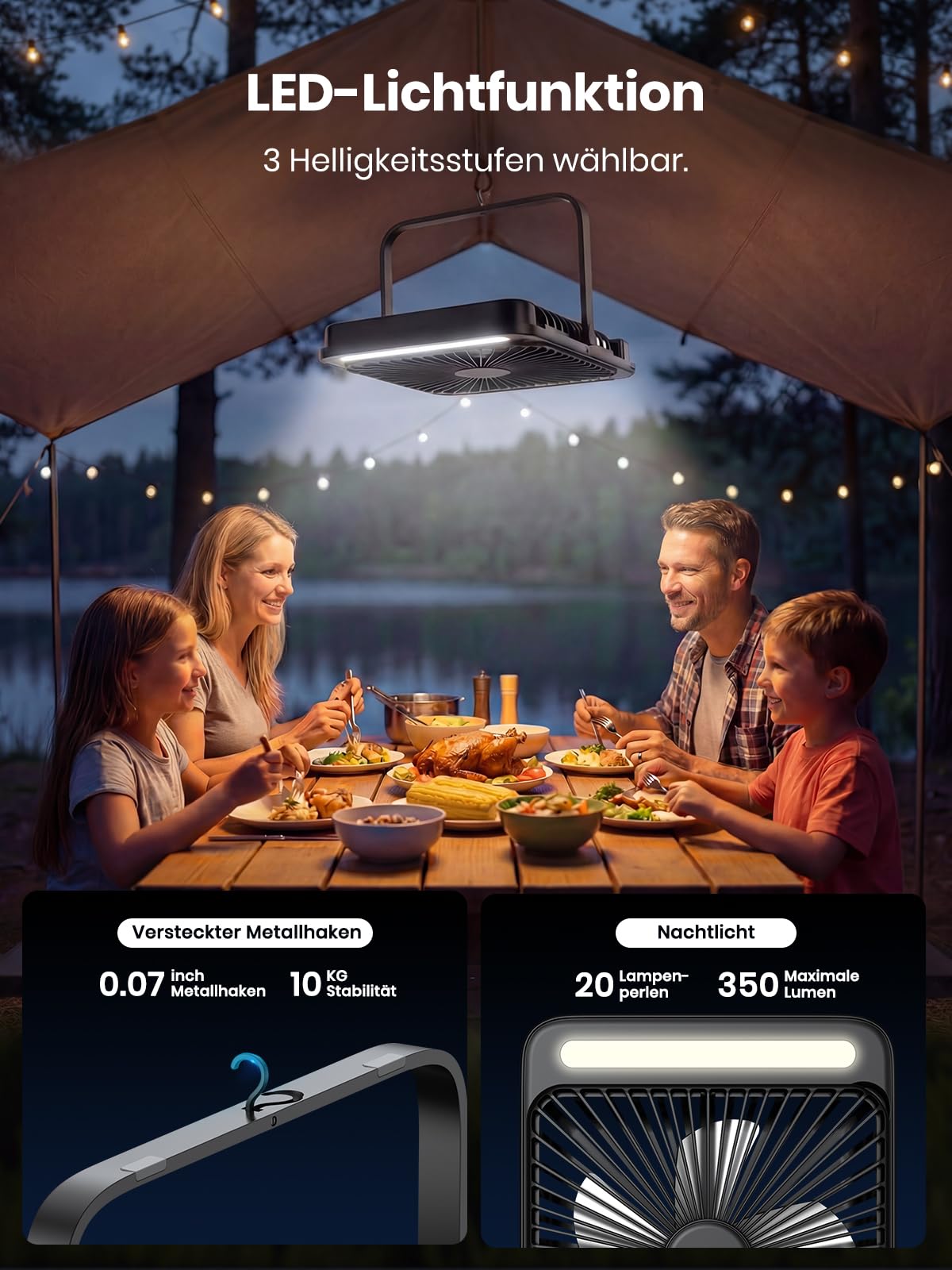 Warmco D4 Akku Camping Ventilator 20000mAh, LED-Lampe, 48 Std. Laufzeit 3
