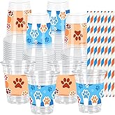 Whaline 50Pcs 12Oz Dog Paw Plastic Cups with Lids & Straws Blue Orange Paw Print Disposable Drinking Cups for Birthday Baby Shower Party Supplies