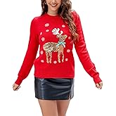 Women Sequins Patterns Ugly Christmas Sweaters Long Sleeve Snowflake Xmas Sweater Crewneck Christmas Knit Pullover Top