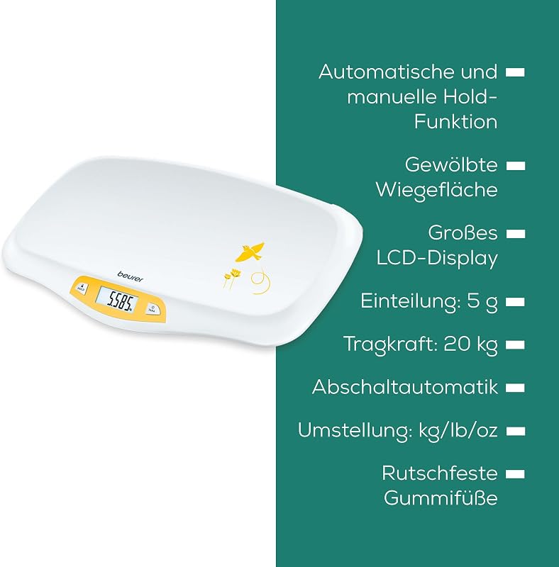 BY 80 Babywaage, mit gewölbter Oberfläche, 20 kg Tragkraft, Tara- und Holdfunktion für strampelnde Babys, Messung und Anzeige in 5g-Schritten, auch als Tierwaage verwendbar
