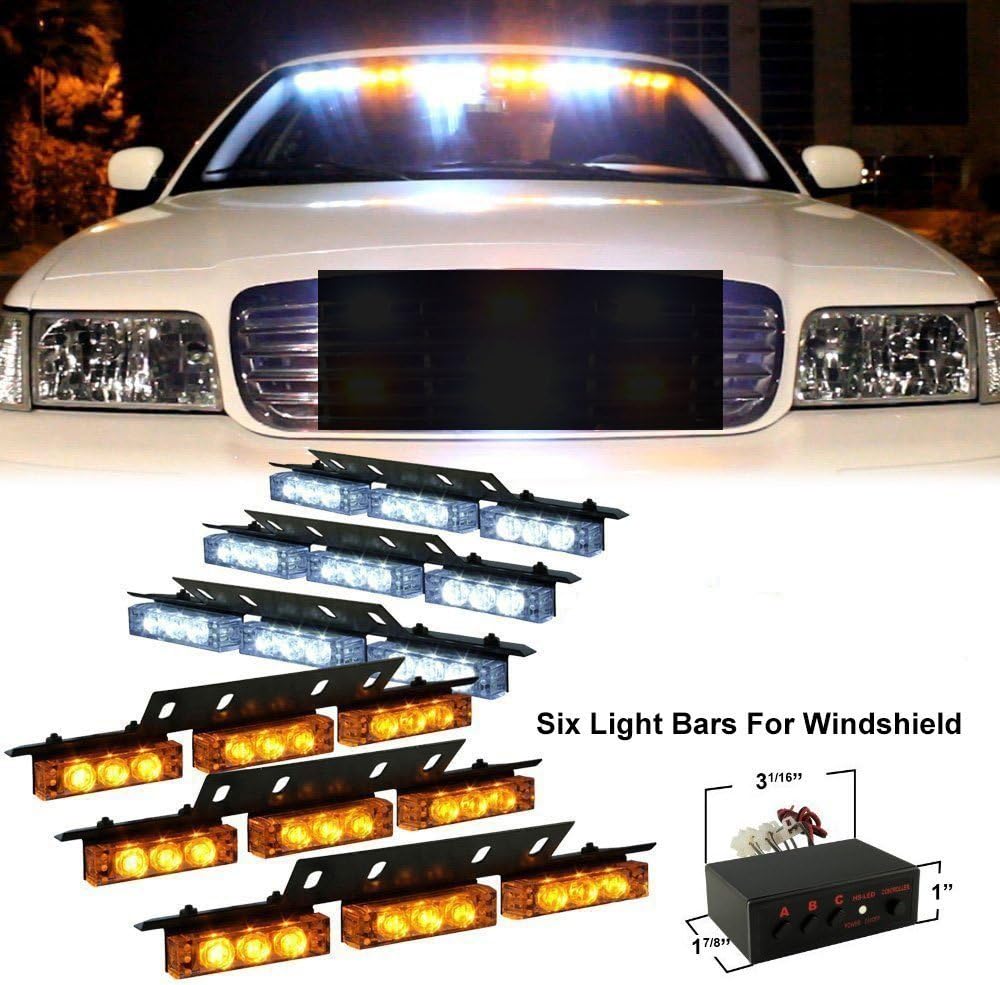 DIYAH 54 LED High Intensity LED Light Bar Law Enforcement Emergency Hazard Warning Strobe Lights For Interior Dash Windshield (Amber and White)