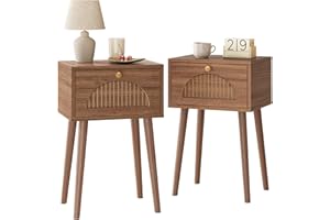 Fixwal Nightstands Set of 2 with Fluted Door, Small End Table with Solid Wood Feet for Bedroom Small Space, Modern Mid-Century Bedside Table, Natural Walnut, 13.8 x 10.6 x 21.3in