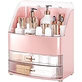 Makeup Organizer Countertop Vanity with Transparent Lid Drawers Waterproof Dustproof Cosmetic Skincare Bathroom Storage Gift for Women Teens Girls (Pink)