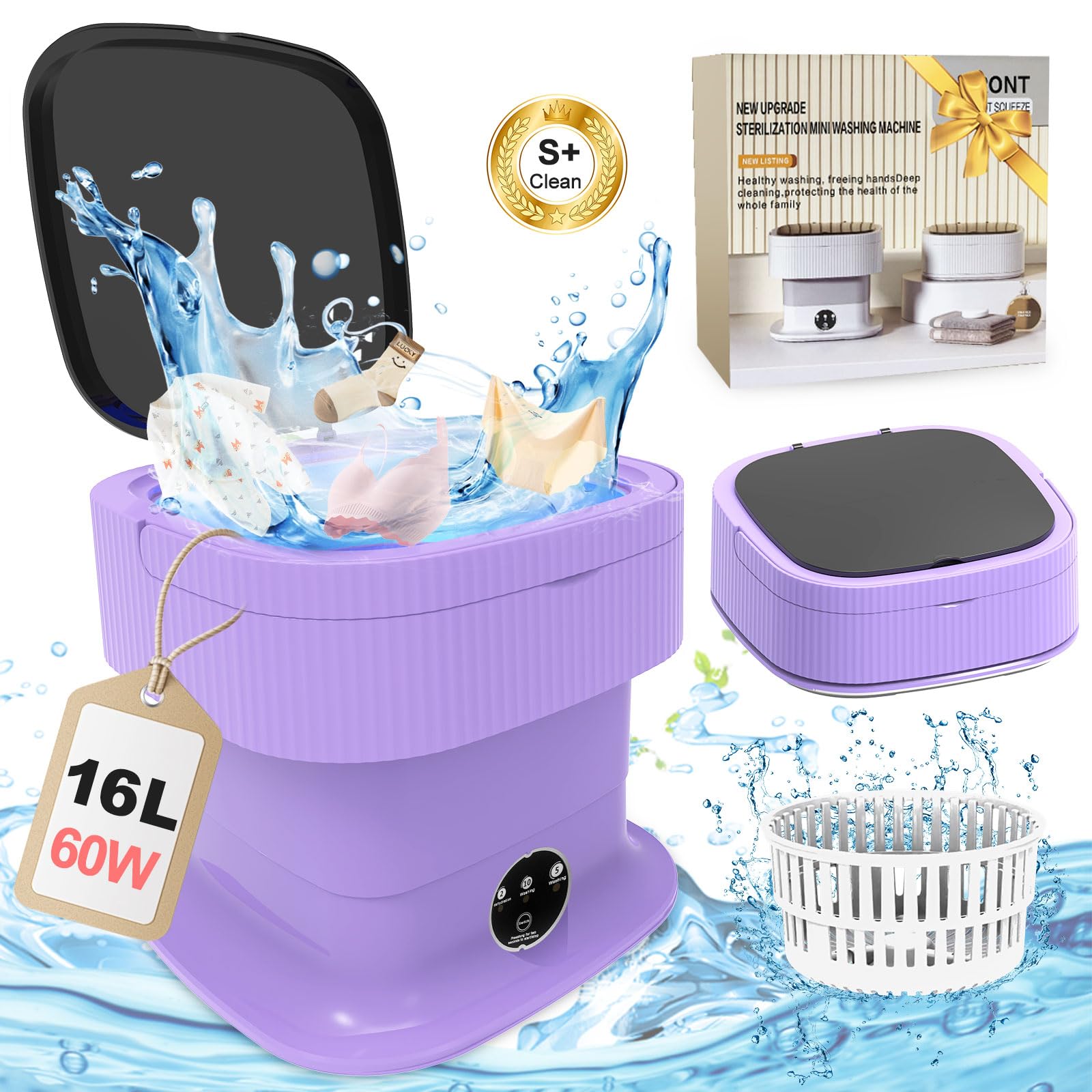 Photo 1 of Mini Portable Washing Machine Small - 16L Portable Mini Washing Machine with Spin, Mini Lavadora Portatil Washer Foldable, Small Washing Machine Portable Used for Travel Baby Underwear Sock[S+ Clean]
