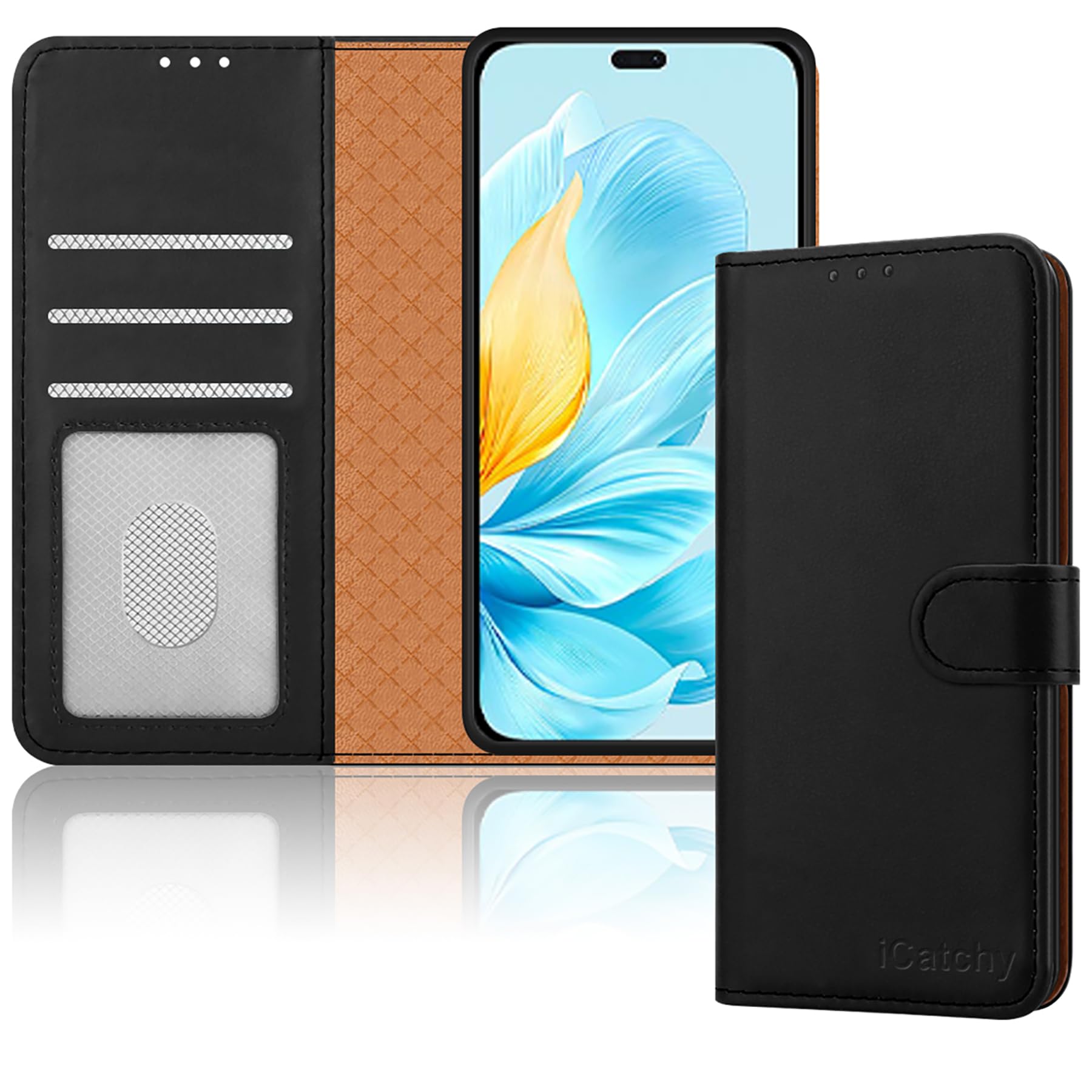 iCatchy for Honor 200 Lite Case Shockproof Leather Wallet Book Flip Card Slots Kickstand Magnetic Closure RFID Blocking Cover for Honor 200 Lite Phone Case (Black)