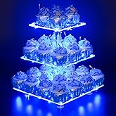 YestBuy 3 Tier Square Cupcake Stand - Premium Cupcake Holder - Acrylic Cupcake Tower Display - Cady Bar Party Décor + LED Light String - Ideal for Weddings, Birthday Parties( Blue Light)