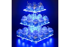 YestBuy 3 Tier Square Cupcake Stand - Premium Cupcake Holder - Acrylic Cupcake Tower Display - Cady Bar Party Décor + LED Lig