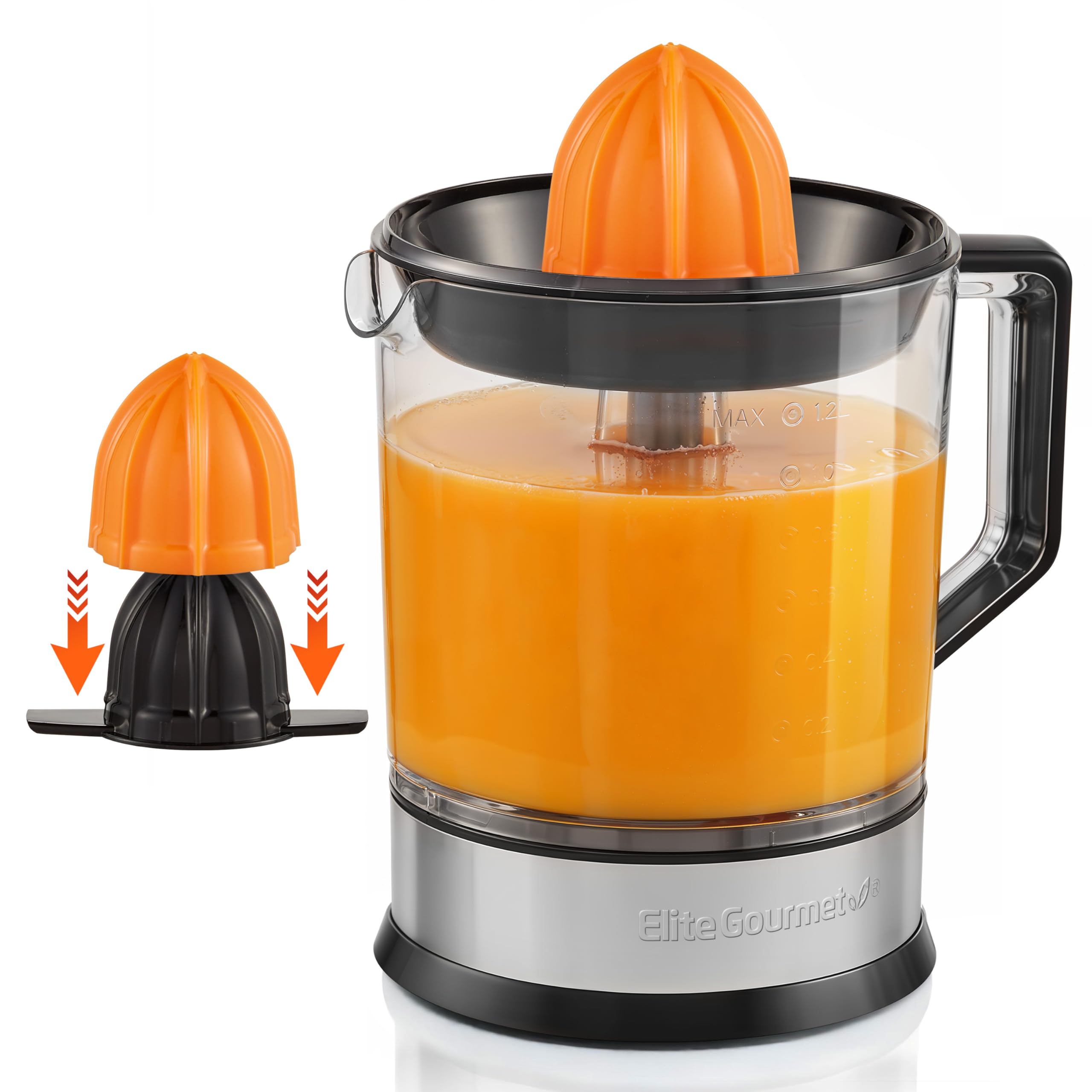 Photo 1 of *UNTESTED*
Elite Gourmet ETS047 BPA-Free 40-Watt Electric Citrus Juicer with 2 Cones, Compact, Large Volume, Pulp Control, Oranges, Lemons, Limes, Grapefruits with Easy Pour Spout, 1.2L, Black/Stainless Steel