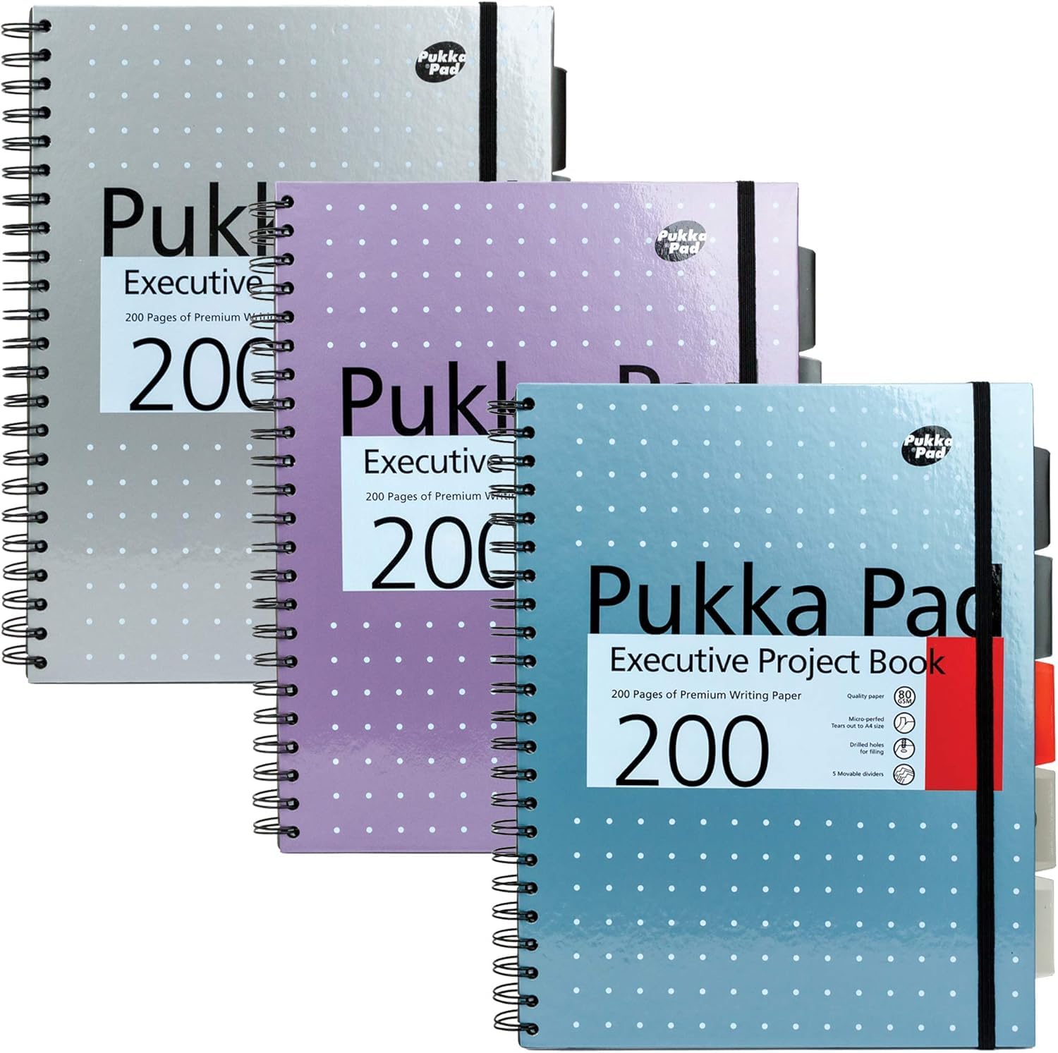 Pukka Pad, A4+ Metallic Executive Project Book – 22.5 x 29.6cm – 200 Page Hardback Wirebound Notebook with 8mm Lines and 80GSM Paper – Includes Repositionable Dividers with Pocket - 200 Pages, Pink