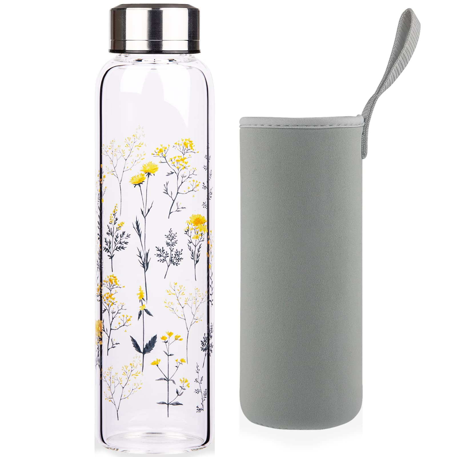 Reeho Borosilicate Glass Water Bottle with Neoprene Sleeve and Leakproof Stainless Steel Lid 500 ml / 1000 ml / 1 Litre (500ml, Blooming Branches)