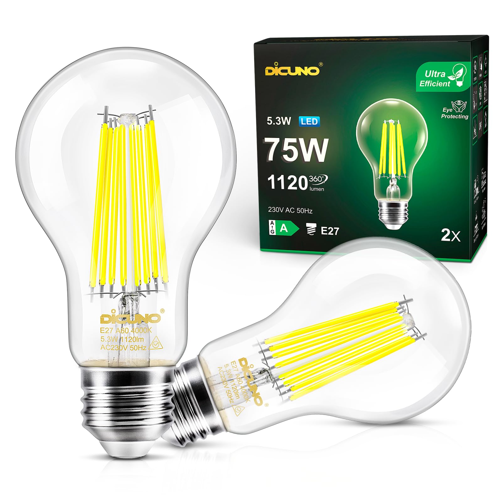 DiCUNO Edison Light E27 Edison Screw Bulb 5.3W (75W Equivalent), Clear Filament Bulb A60, Energy Efficient A Class LED, 4000K, 1120LM, Non-dimmable, 2 Pcs