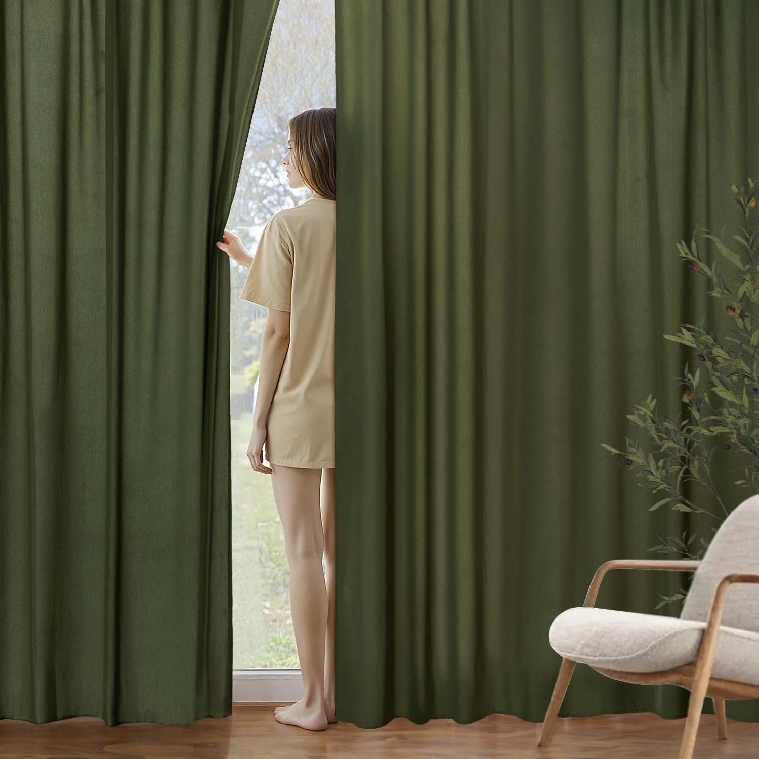 MIULEE Olive Green Privacy Sheer Curtains That Let Light in 90 Inches Long Non-See-Through Semi Sheer Curtain Light Filtering Window Curtains Drapes for Living Room Bedroom 2 Panels Set Image