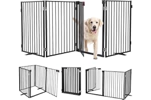 Metal Freestanding Dog Gates with Door,Extra Wide 24", 32" Height Foldable Dog Fence for Indoor & Outdoor, Heavy Duty Freesta