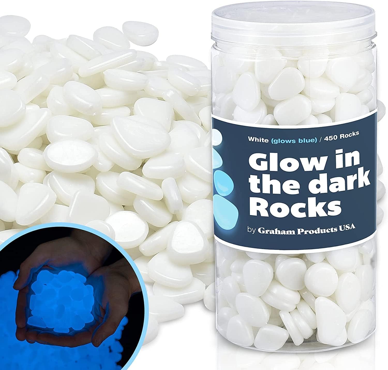 Hardscaping Materials - Graham Products 450 Pieces Glow in The Dark Rocks | Indoor & Outdoor Use - Garden, Fish Tank Pebbles, Planter, Walkway, Driveway Decoration & More | for Kids Aged 6 & Up | Powered by Sunlight - White