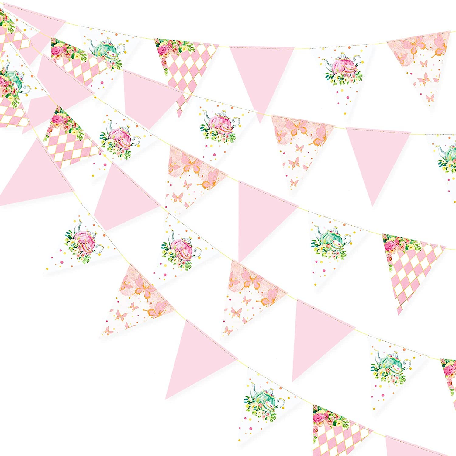Spring Tea Party Decorations Bunting Banner Pink Gold Butterfly Teapot Teacup Floral Flower Plaid Paper Triangle Flags Pennant for Tea Party Spring Birthday Baby Shower Wedding Bridal Engagement Decor