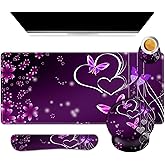 ARTSO Desk Mat, Large Gaming Mouse Pad Wrist Support Set, Ergonomic Keyboard Wrist Rest Desk Pad with Coaster Combo, Extended Mousepad with Non-Slip for Home Office, Purple Heart Butterfly
