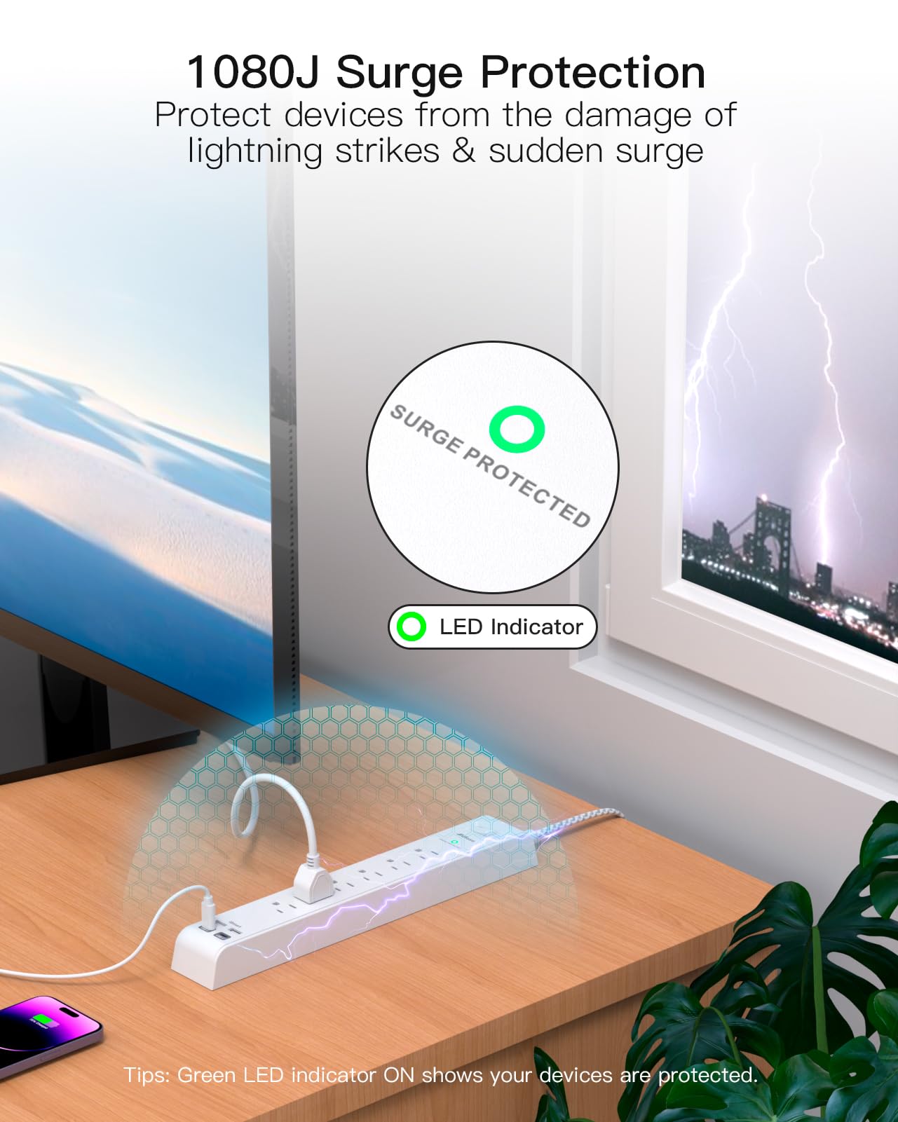 Surge Protector Power Strip 10 ft with 4 USB Ports 2 USB-C 6 AC Outlets, Flat Plug Extension Cord, USB Charging Station, Wall Mountable for Home, Office, Dorm Essentials, 1080J, ETL Listed
