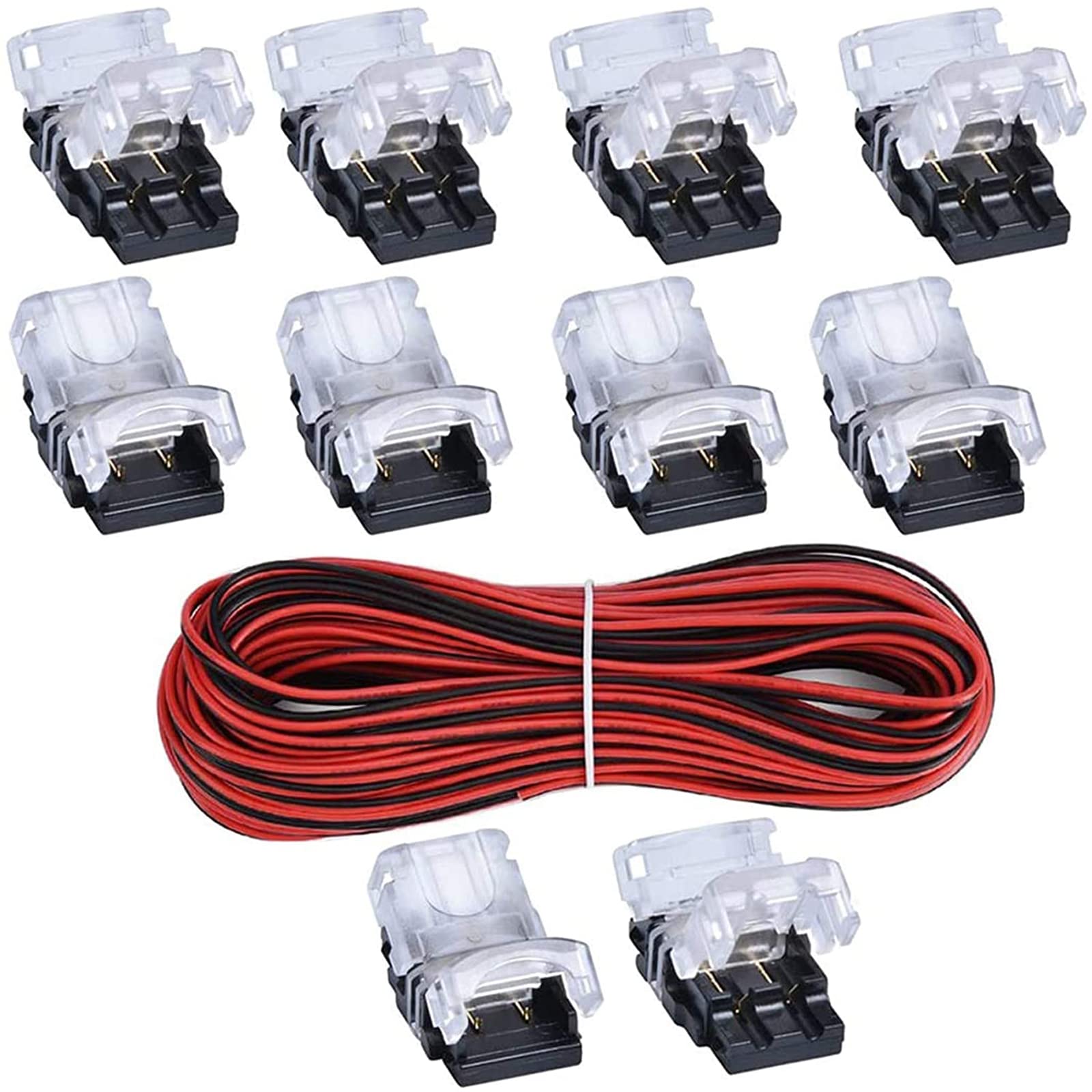 HOMELYLIFE Led Strip Connectors, 2 Pin 8mm Led Connectors 10Pcs for Non-Waterproof 3528 2835 LED Strip Lights, Quick Connection Without Stripping with 16.4ft 5m 22 Gauge 2 Conductor Extension Cable