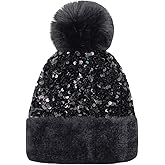 LEOMOSTE Women Girls Winter Sequin Beanie Hat with Faux Fur Pom Pom Knit Skull Cap
