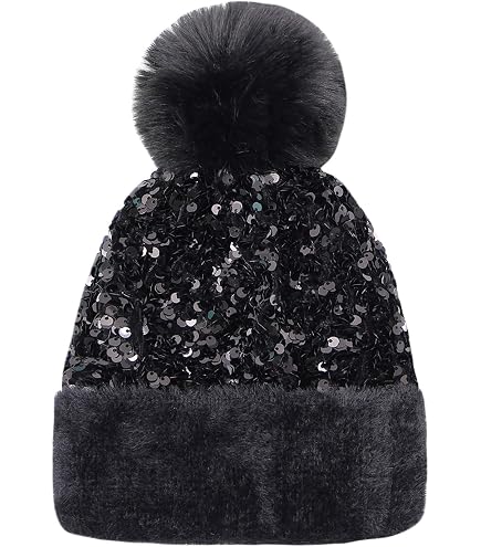 Womens Girls Black Metallic Knit Beanie Pom Pom Winter Hat Womens Girls Black Metallic Knit Beanie Pom Pom Winter Hat main image 2