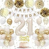 Froova 21st Birthday Decorations for Her, Beige Gold White Birthday Balloons Happy 21st Banner Cake Toppers Neutral Number 21 Balloon Pom Poms for Women Men 21 Year Old Bday Party Decoration Him
