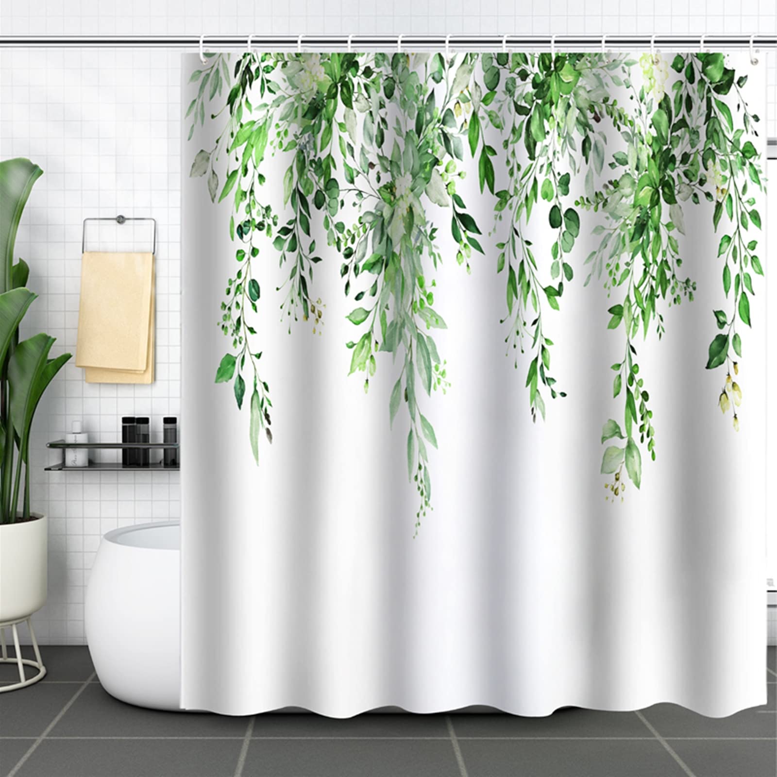 Shower Curtain 180 x 200 cm Curtains Bathroom Shower Curtain Plants Green White Bath Curtain Anti Mould Textile Washable Waterproof