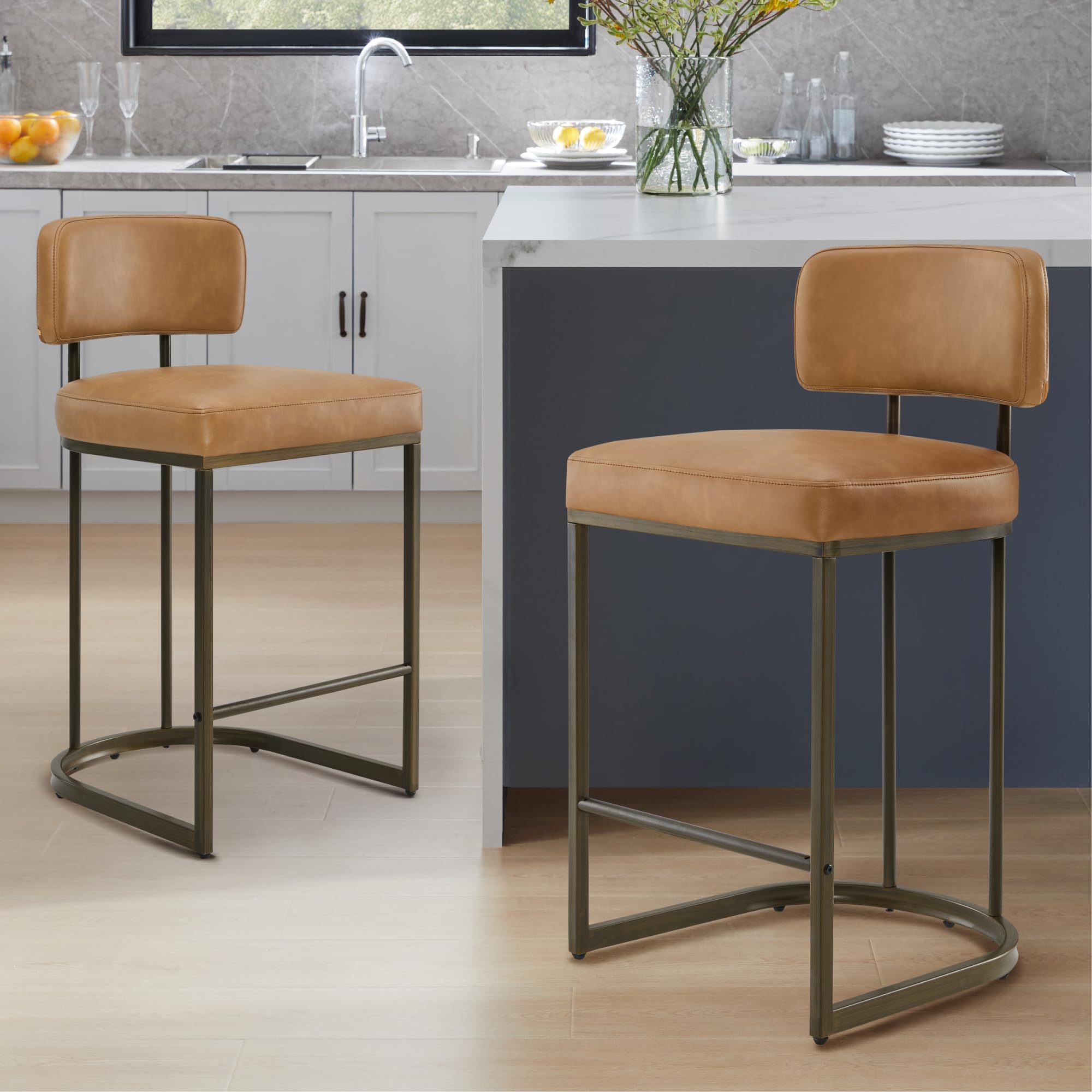 Photo 1 of ****SEE PHOTOS AND CLERK COMMENTS****26" H Counter Height Bar Stools Set of 2, Modern Faux Leather Upholstered Barstools with Backrest for Kitchen Island, Gold Metal Frames, Brown