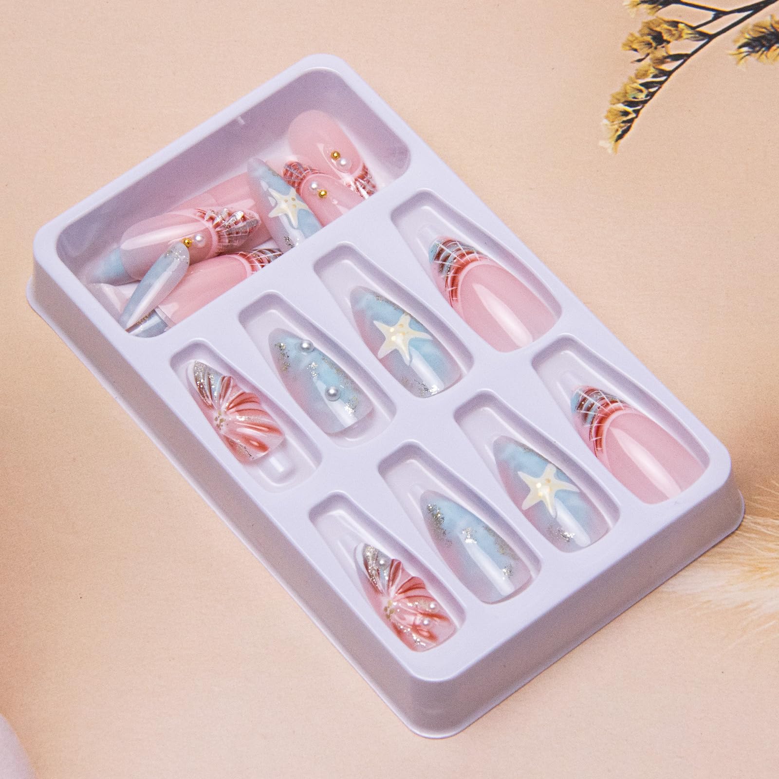 Summer Beach Press on Nails 3D Acrylic Nails Medium Almond Fake Nails Blue Sea Shell French Tips False Nails Press ons Ocean Glue on Nails Starfish Waves Stick on Nails for Women Girls Manicure 24Pcs - Image 4