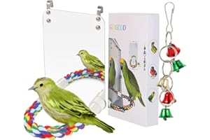 GURECOD 7in Bird Mirror with Rope Perch,Cockatiel Mirror for Cage Bird Toys Swing Comfy Perch for Greys Amazons Parakeet Cockatiel Conure Lovebirds Finch Canaries