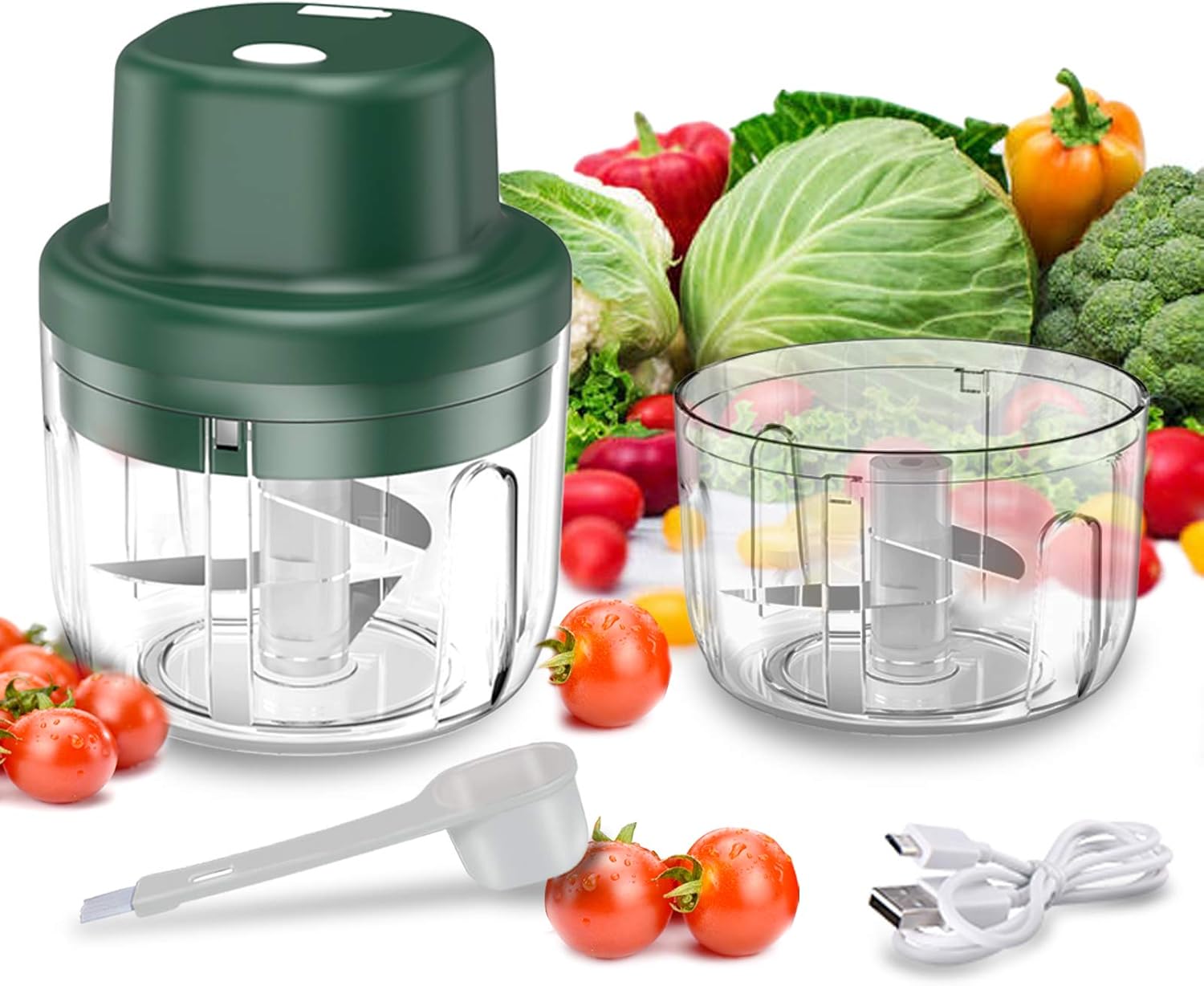 Electric Mini Garlic Chopper, 2 PCS Garlic Mincer Chopper, 45W High Power Portable Garlic Blender Mini Chopper Food Processor with Spoon, Food Chopper for Pepper/Vegetables/Meat/Nut(300ML&150ML)