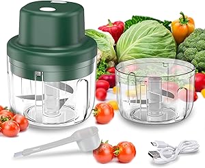 Electric Mini Garlic Chopper, 2 PCS Garlic Mincer Chopper, 45W High Power Portable Garlic Blender Mini Chopper Food Processor with Spoon, Food Chopper for Pepper/Vegetables/Meat/Nut(300ML&150ML)