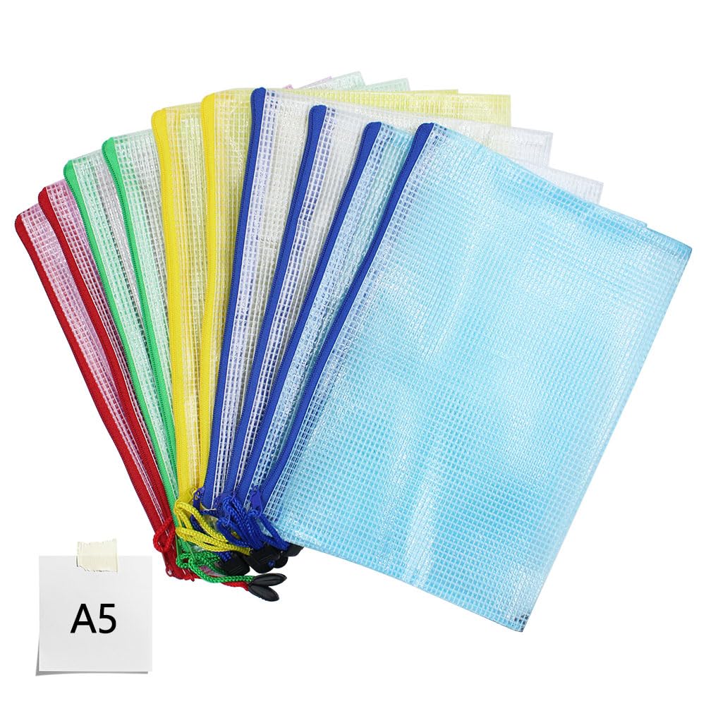 JIADEXIN 10pcs Plastic Wallet Mesh Zip Waterproof File Organiser School Office Homework File Organiser Travel Small Goods Organiser Multiple Colours（A5）