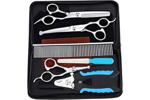 Freewindo Dog Grooming Scissors Kit, Safety Round Tip, Heavy Duty Stainless Steel Dog Scissors and Nail Clippers, 6 in 1 Dog Grooming Kit
