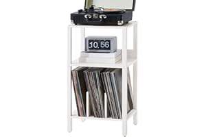 LELELINKY Record Player Stand,3 Tier End Table with Vinyl Storage Up to 100 Albums,Vinyl Holder for Records,White Multi-Functional Turntable Stand Display Shelf for Living Room