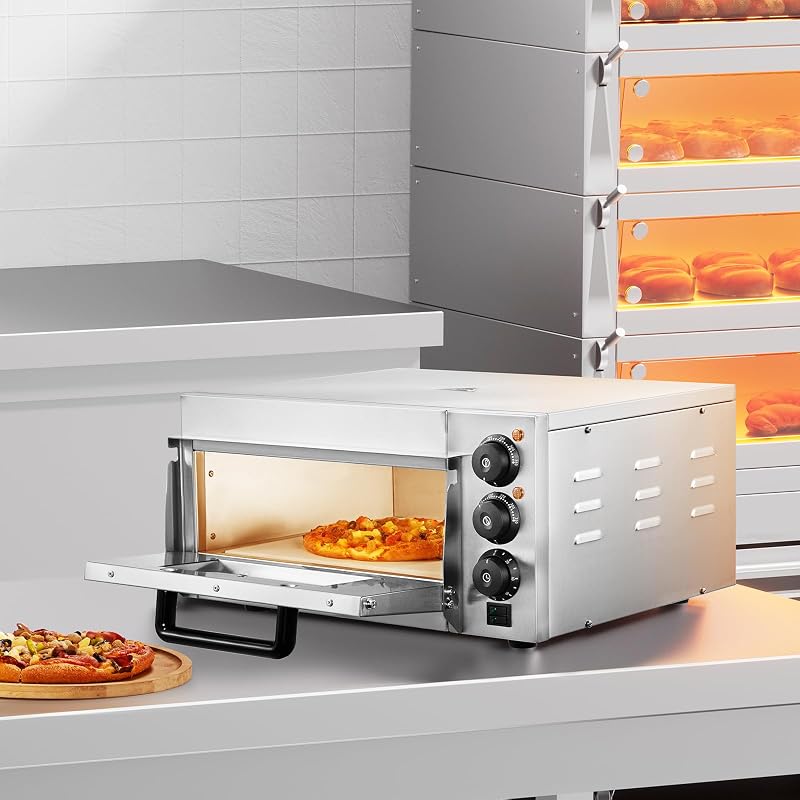 Horno de Pizza Comercial Eléctrico de Encimera de Una Sola Capa, Acero Inoxidable con Piedra y Mango, Multiusos para Interiores para Restaurantes, Pretzels Horneados en Casa, 517 x 470 x 266 mm