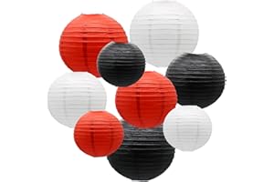 ADLKGG Paper Lanterns Decorations, Red Black White Round Hanging Lantern for Graduation, Mickey Mouse Themed Birthday Party, Pirate Theme Casino Poker Party Supplies, Assorted Size 12",10", 8", Set of 9