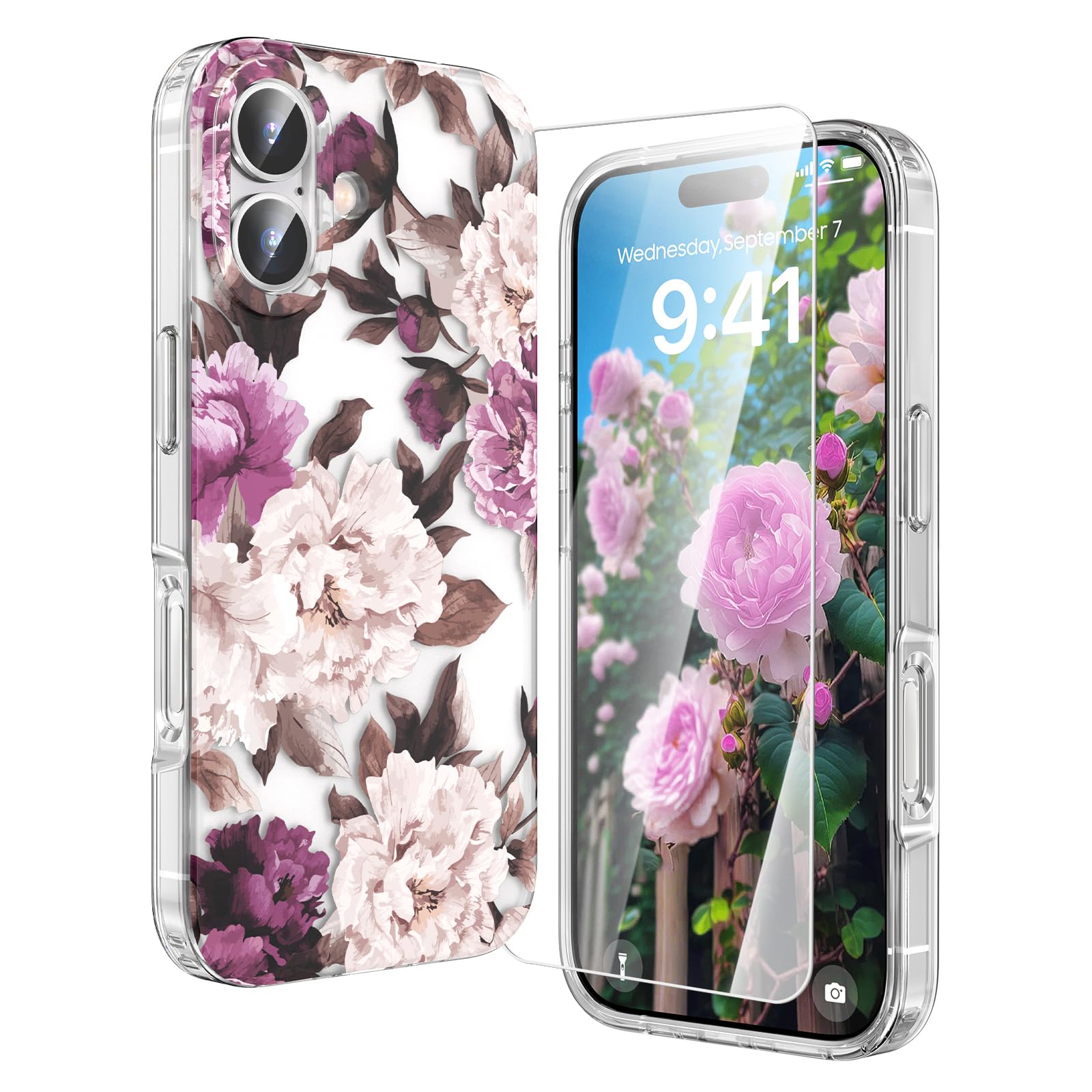 Photo 1 of MILPROX Compatible with iPhone 17 Flowers Case 6.3 inch, Cute Pretty Floral Pattern Clear Girly Design for Women Girls, Elegant Aesthetic Classy Shockproof Hard Back Cover - Rose