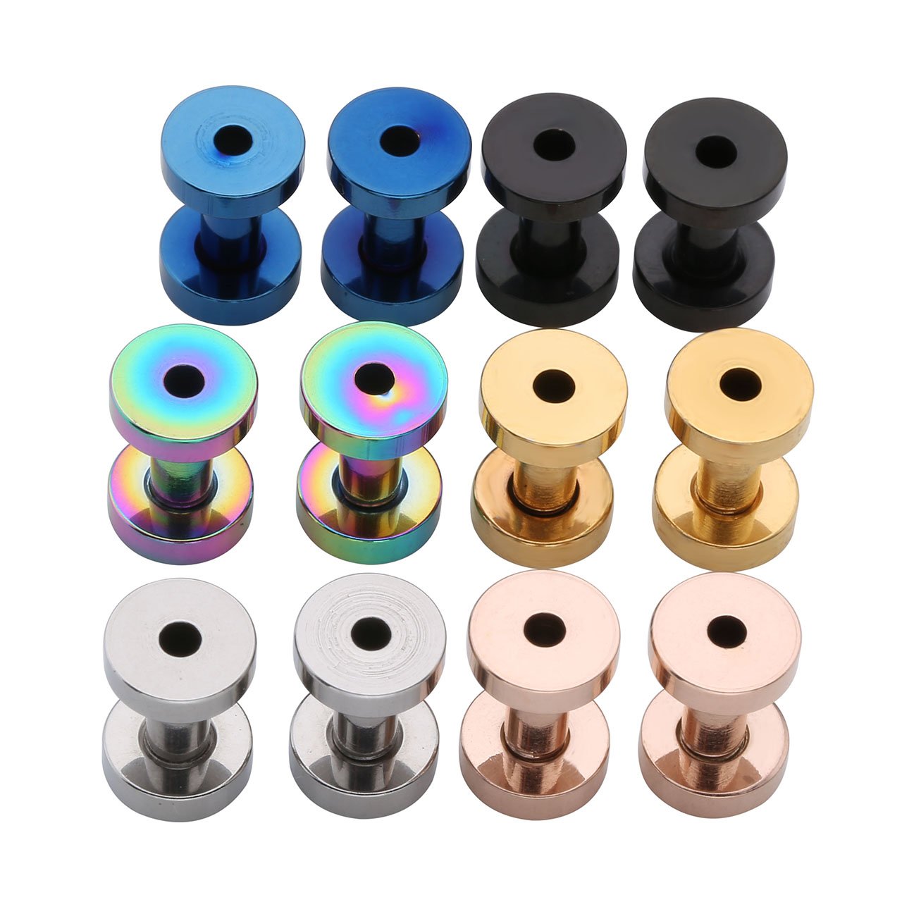 PiercingJ 12pcs 12G-3/4(2MM-20MM) Stainless Steel Silver Black Golden Blue Colorful Rose Gold Screw Flesh Tunnels Tunnel Plug Gauge Ear Expanders Stretchers