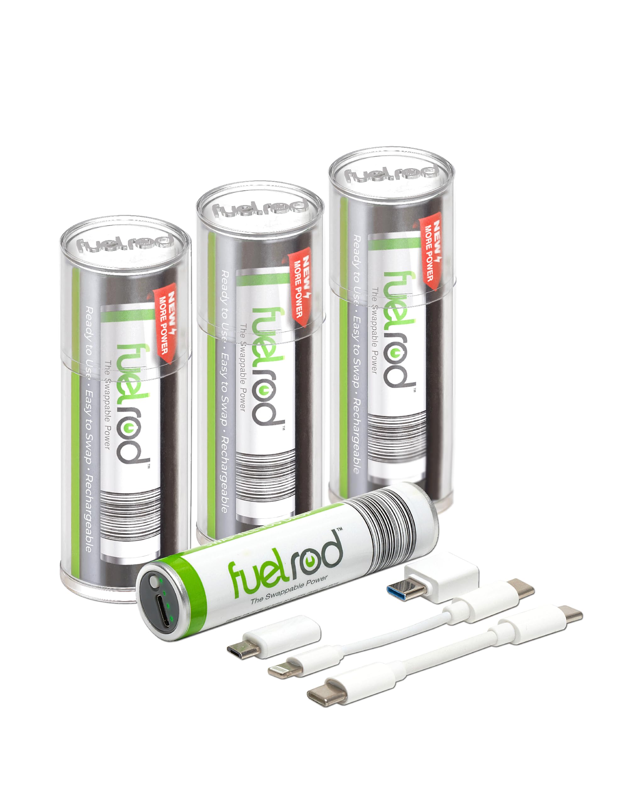 FuelRod USB-C Portable Charger Kit - Pack of 3- Includes All Cables & Adapters Compatible with All Tablets & Smart Phones, Rechargeable Backup Power Bank, Swap for Charged Rod at Kiosk