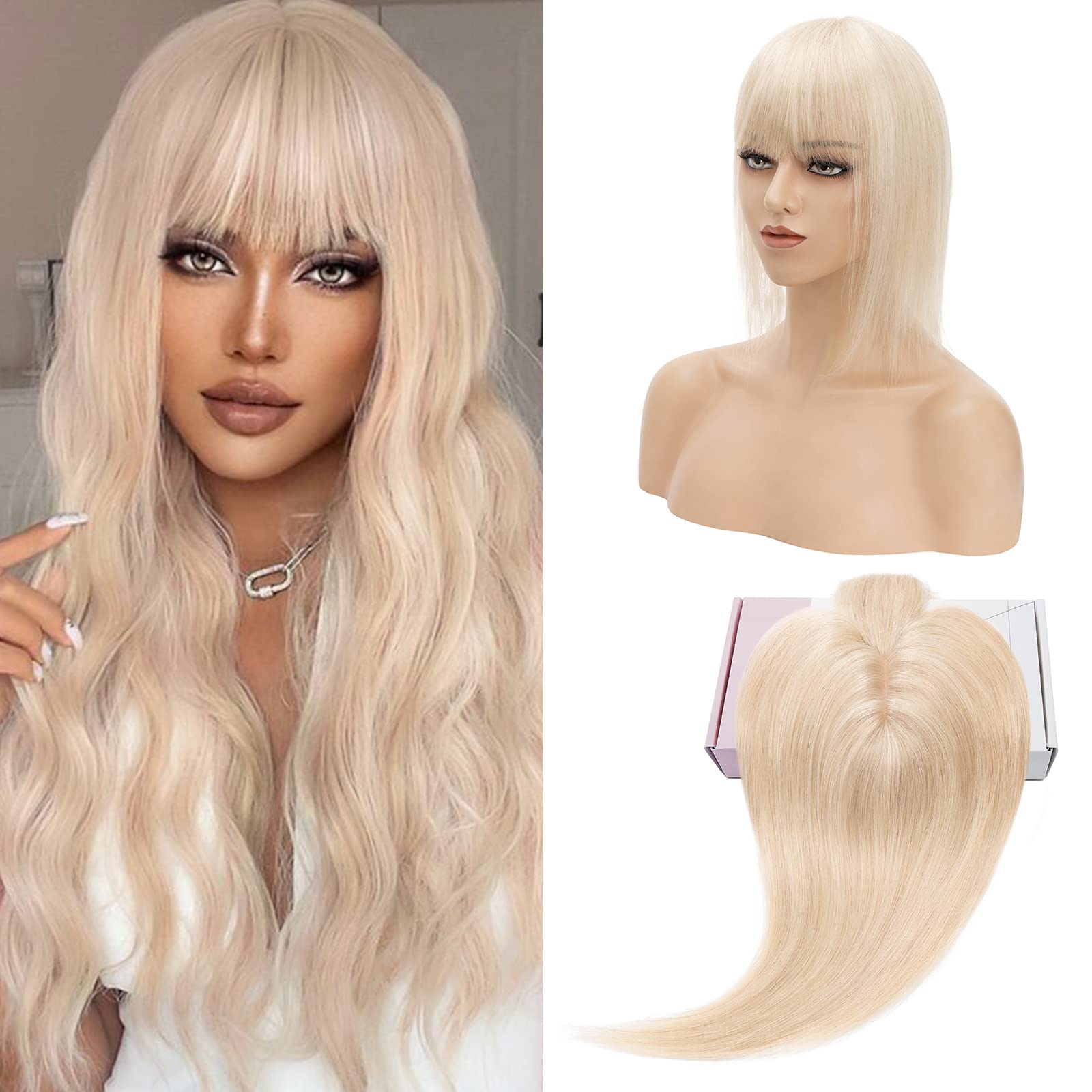 S-noilite Human Hair Toppers With Bang for Thinning Hair Women Real Hair Topper Clip In Hair Extensions 100% Remy Real Human Hair 38g（#18/613 Ash Blonde and Bleach Blonde, 12 Inch) — image 1