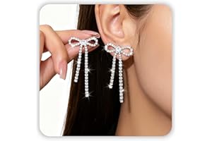DAYANEY Bow Earrings for Women, Gold/Silver Drop Dangle Tassel Rhinestone Ribbon Stud Earrings as Wedding Earrings for Brides