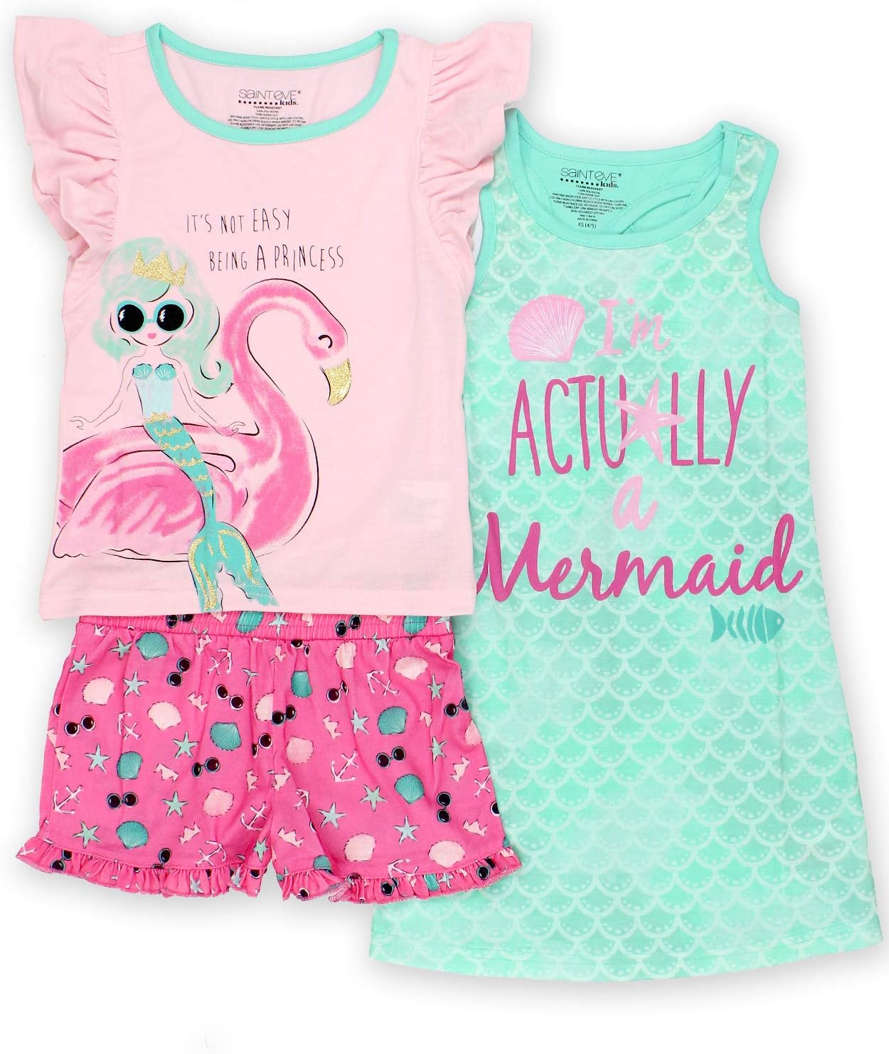 Komar Kids Mermaid Girl's 3 Piece Short Sleeve Top Shorts Nightgown Pajamas Set