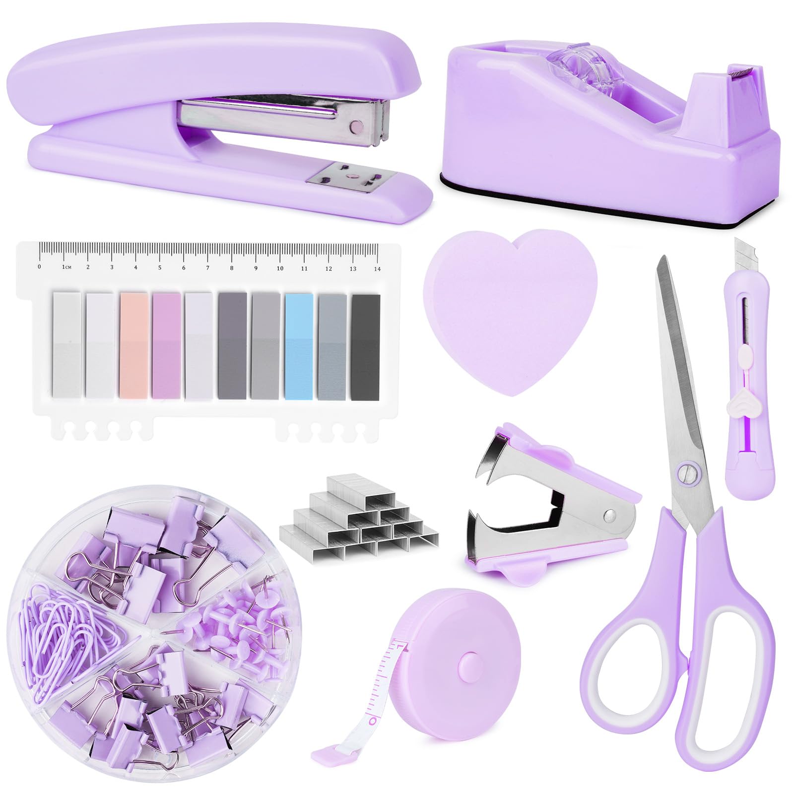 OFFCUP Desk Accessories Set, Office Supplies Kit, Includes Stapler, Tape Dispenser, Staple Remover, Staples, Clips, Scissor, Box Cutter, Tape Measure and Sticky Notes Students, Coworkers (Purple)