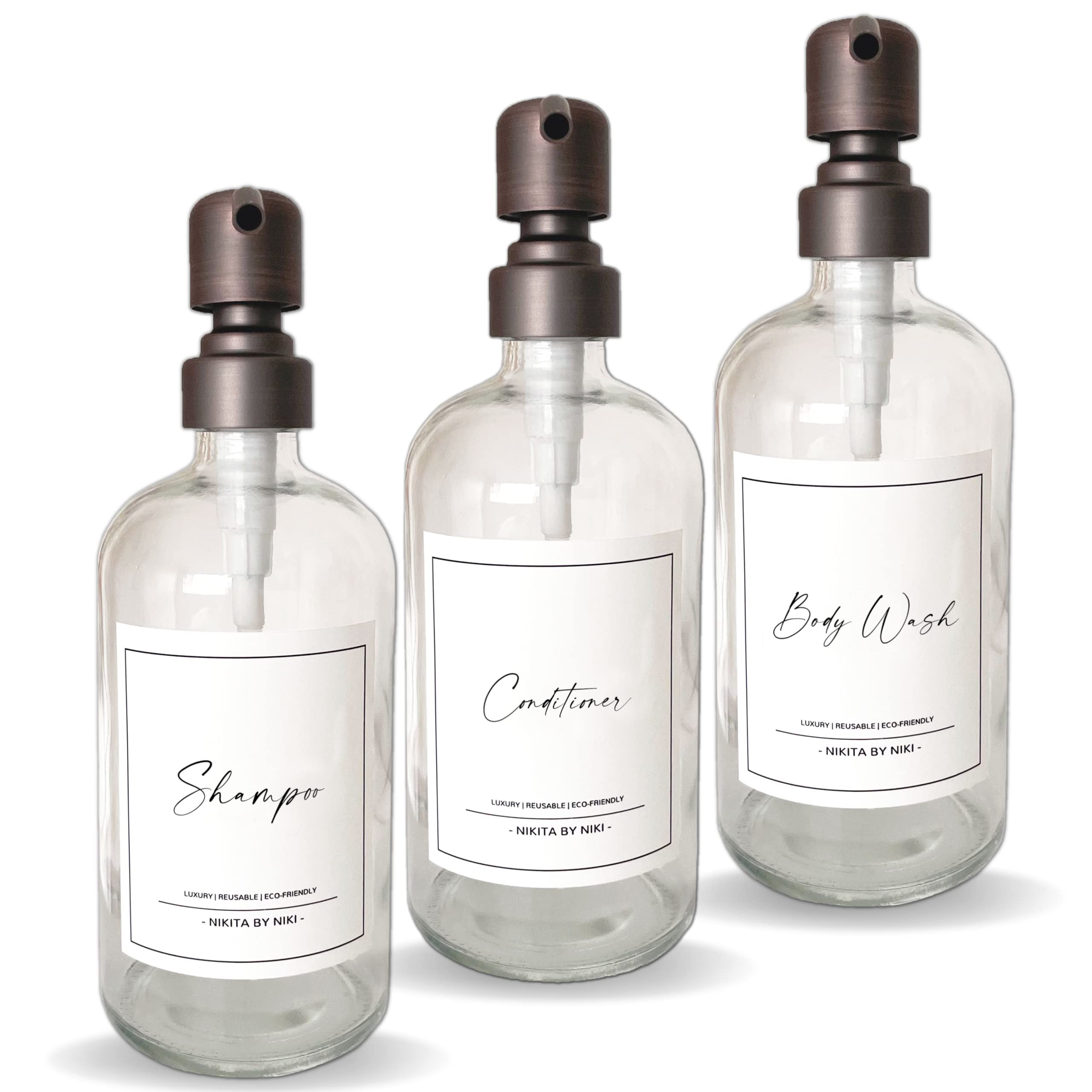 Clear Glass Soap Dispenser Set - Stainless Steel Pump - Bathroom Soap Dispenser Set - Glass Soap Dispenser Set of 3 - Glass Shampoo, Conditioner, Body Wash Dispenser - Waterproof Labels