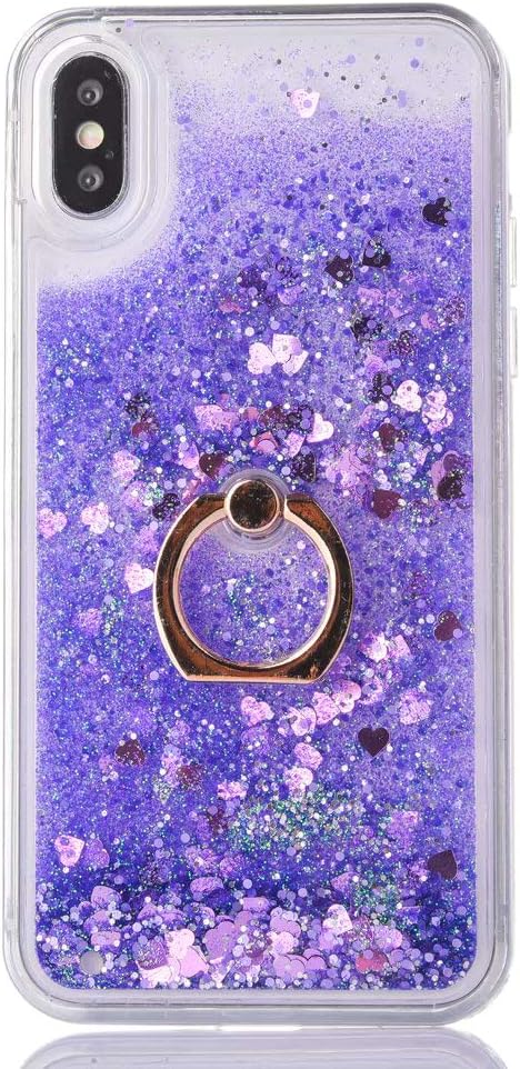 DasKAn Floating Liquid Glitter Case for iPhone X/XS with Finger Holder Ring Stand,Bling Sparkle Flowing Hearts Sequins Moving Quicksand Clear Back Cover Hard Plastic Protective Phone Case,Purple