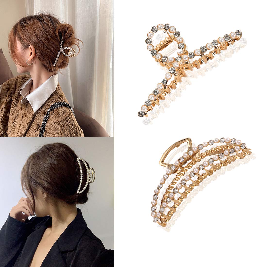 2-PCS Hair Claw Clips Metal Hair Claw Pearl Hair Claw Shiny Rhinestones Hair Claw Hair Catch Barrette Jaw Clamp for Women Girls Half Bun Hairpins for Thick Hair
