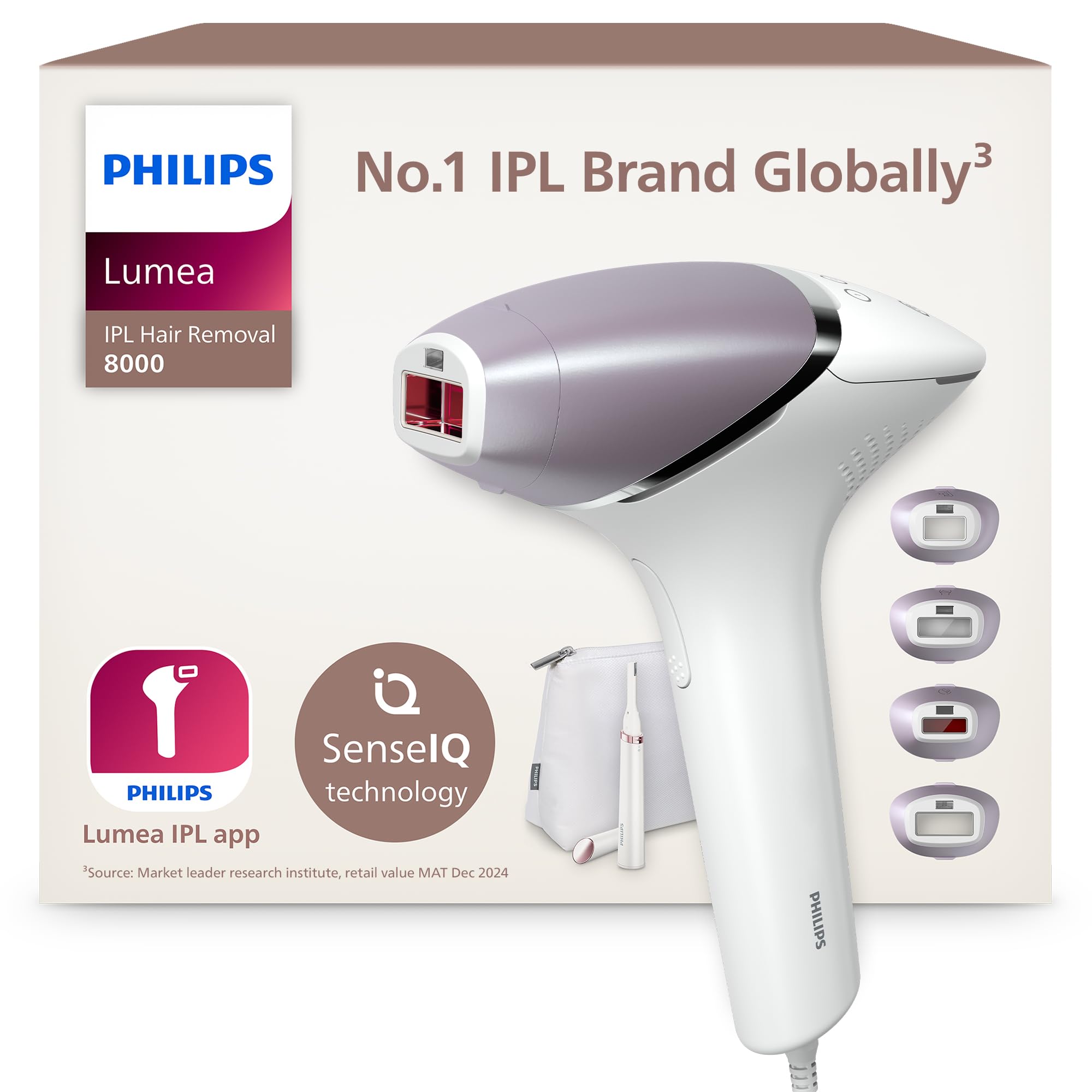 Philips Lumea 8000 Series IPL Hair Removal Device - Laser Hair Removal Alternative, SenseIQ Technology, 4 Attachments for Body, Face, Bikini and Underarms, Satin Compact Pen Trimmer, Model BRI949/00