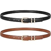TRIWORKS 2 Pack Women Skinny Leather Belts for Jeans Pants Thin Faux Leather Belt with Gold Buckle