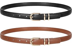 TRIWORKS 2 Pack Women Skinny Leather Belts for Jeans Pants Thin Faux Leather Belt with Gold Buckle