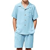 Arshiner Boys 2 Pieces Summer Beach Outfits Short Sleeve Button Down Shirts and Shorts Vacation Texture Sets for Kids